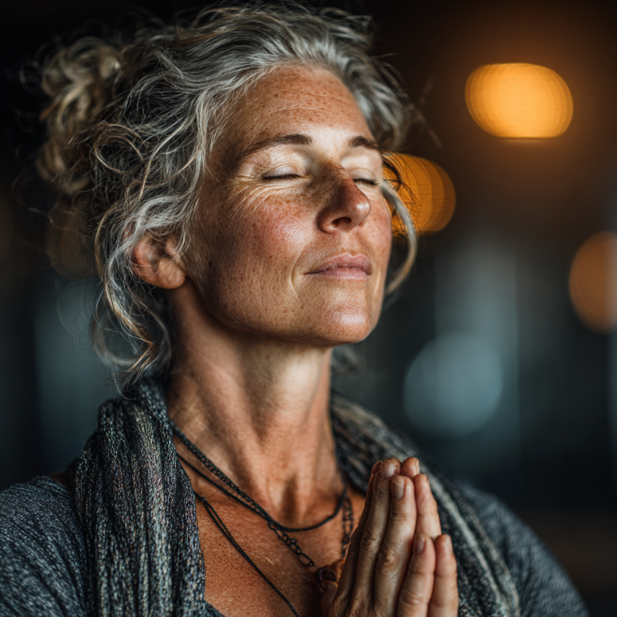 Seniori practicând yoga în natură